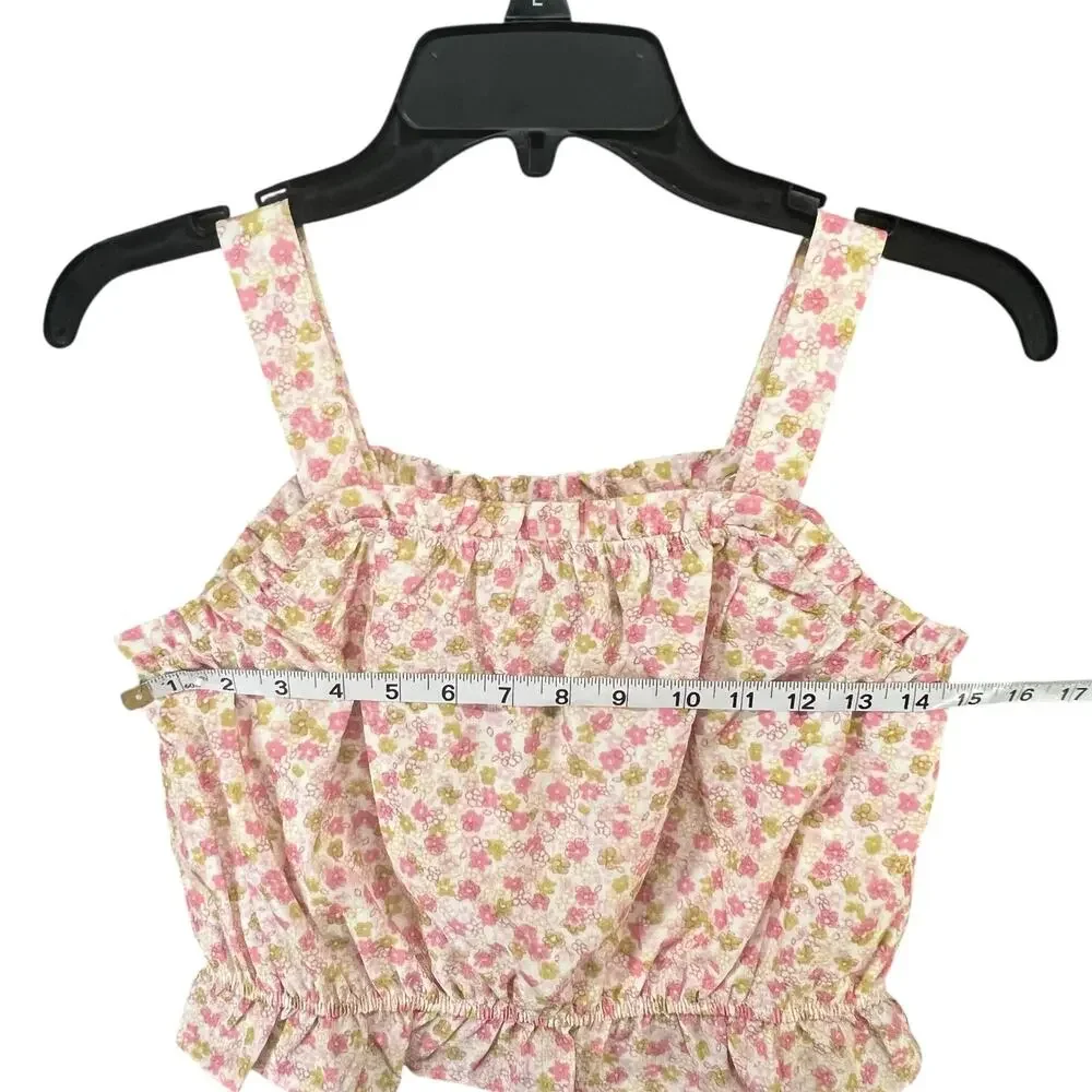 Hayden Crop Balloon Tank Top Girl L Pink Textured Ditsy Floral Cottage Tween NEW